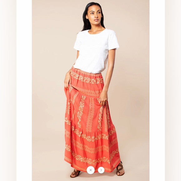 Hale Bob Dresses & Skirts - Hale Bob Regan Maxi Skirt Embroidered Rayon Crinkle Gauze Sz. Small Coral & Gold